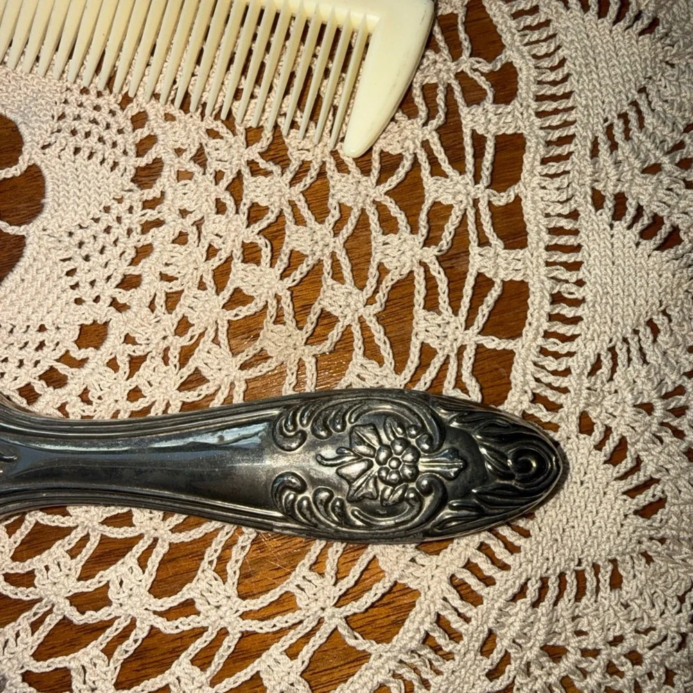 Vintage Silverplate Vanity Mirror Floral Design Heavy With Comb